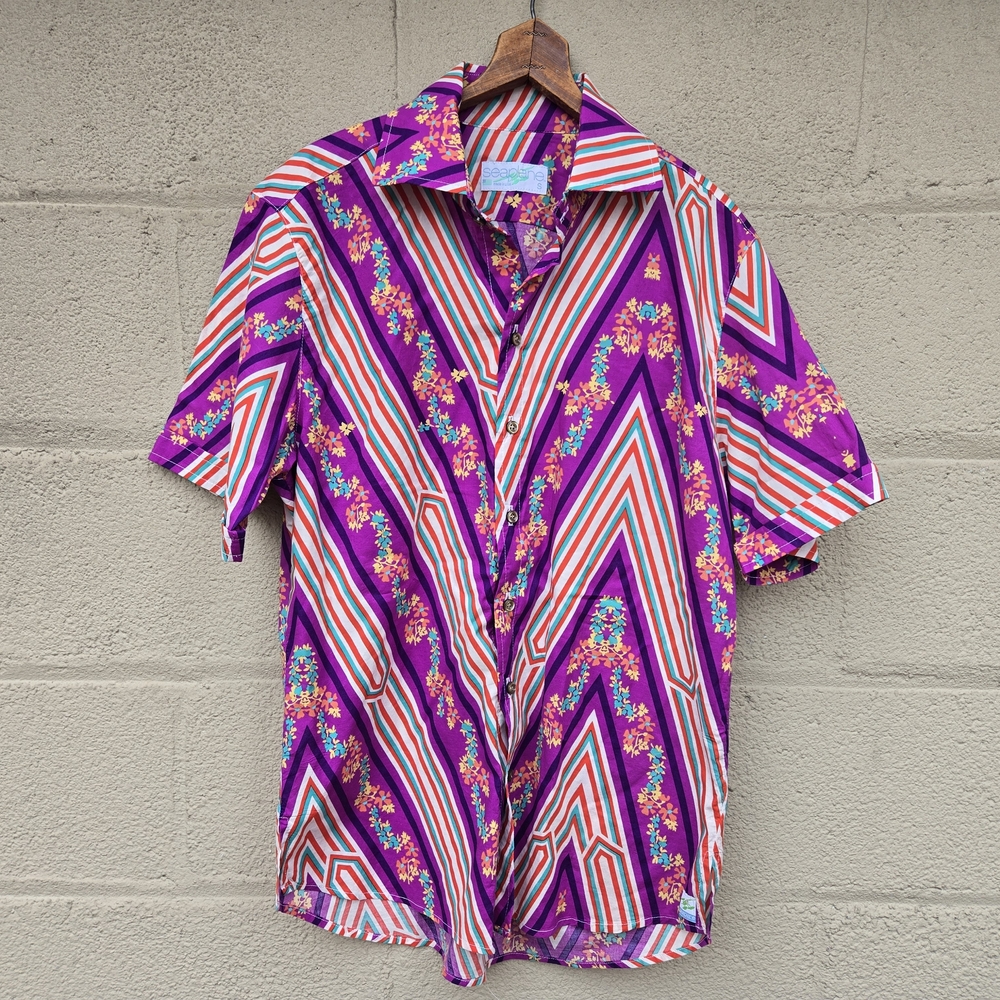 Vintage Seaplane Floral Geometric AOP Button Down Shirt Made In USA Men ● S